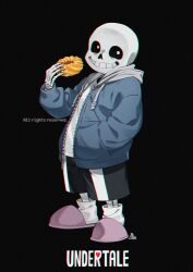 Rule 34 | 1boy, black sclera, black shorts, blue jacket, cel shading, chromatic aberration, colored sclera, copyright name, copyright notice, drawstring, film grain, food, from side, full body, grin, hand in pocket, hand up, highres, holding, holding food, hood, hood down, hooded jacket, jacket, kamezaemon, looking at viewer, male focus, open clothes, open jacket, pink footwear, sans (undertale), shirt, shorts, skeleton, slippers, smile, socks, solo, standing, undertale, white eyes, white shirt, white socks, zipper