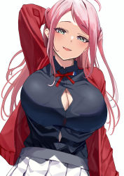 Rule 34 | 1girl, absurdres, ahoge, arm behind head, arm up, black shirt, blouse, blush, bow, breasts, bursting breasts, button gap, cardigan, cleavage, collared shirt, commentary request, cowboy shot, dress shirt, fang, green eyes, half-closed eyes, head tilt, highres, large breasts, long hair, long sleeves, looking at viewer, love live!, love live! nijigasaki high school idol club, midriff peek, namazu (yamasonson), neck ribbon, open cardigan, open clothes, parted lips, pink hair, pleated skirt, red bow, red cardigan, red ribbon, ribbon, school uniform, seductive smile, shirt, sidelocks, simple background, skin fang, skirt, smile, solo, standing, straight hair, swept bangs, two side up, white background, white skirt, zhong lanzhu