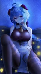 Rule 34 | ahoge, bad id, bad pixiv id, bell, black legwear, blue hair, blush, breasts, curled horns, doham, fireflies, ganyu (genshin impact), genshin impact, gold trim, horns, large breasts, leg up, looking at viewer, neck bell, night, purple eyes, sitting, sky, sleeveless, smile, solo, star (sky), starry sky, thighlet