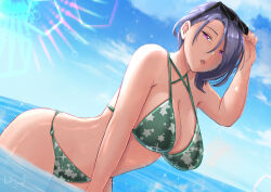 Rule 34 | 1girl, alternate costume, armpit crease, bikini, blue hair, blue sky, breasts, cleavage, cloud, commentary, criss-cross halter, english commentary, eyewear on head, fire emblem, fire emblem: three houses, glint, green bikini, halterneck, horizon, large breasts, looking at viewer, loose hair strand, medium hair, nintendo, open mouth, parted bangs, partially submerged, purple eyes, rinku bny, shamir nevrand, sky, solo, star (symbol), star print, sunglasses, swimsuit, water, wet