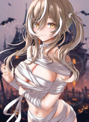 1girl absurdres alternate_costume arm_under_breasts bat_(animal) black_hair blurry blurry_background blush breasts brown_eyes brown_hair cleavage closed_mouth commentary_request fang graveyard grey_sky hair_between_eyes highres hololive hololive_english large_breasts long_hair multicolored_hair mummy_costume nanashi_mumei skin_fang sky smile solo streaked_hair twintails virtual_youtuber wakaunderblade7 white_hair