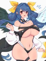 1girl angel_wings asymmetrical_wings blue_hair breasts chemaru_(a8l) cleavage commentary_request detached_sleeves dizzy_(guilty_gear) guilty_gear guilty_gear_x guilty_gear_xx hair_ribbon highres large_breasts long_hair long_sleeves looking_at_viewer navel red_eyes revealing_clothes ribbon smile solo tail tail_ornament thighhighs twintails underboob wings yellow_ribbon