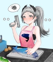 Rule 34 | ..., 1girl, absurdres, afterimage, anthea meow, apron, arknights, bare arms, bare shoulders, blue background, blush, closed mouth, collarbone, cutting board, earrings, fish, grey eyes, grey hair, gun, head wings, heart, highres, holding, holding gun, holding weapon, irene (arknights), jewelry, long hair, motion lines, pink apron, ponytail, potato, scar, scar across eye, scar on face, shark print, simple background, solo, spoken squiggle, squiggle, sweatdrop, upper body, weapon, wings