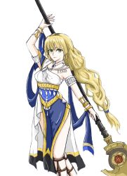 Rule 34 | 1girl, alternate costume, arm up, armlet, bare shoulders, blonde hair, blunt bangs, bracelet, breasts, choker, cleavage, commentary, dancer, dancer (fire emblem: three houses), dress, ebrietas (arayaejiri), feet out of frame, fire emblem, fire emblem: three houses, green eyes, holding, holding polearm, holding weapon, ingrid brandl galatea, jewelry, long hair, looking at viewer, low-tied long hair, luin (fire emblem), medium breasts, nintendo, pelvic curtain, polearm, simple background, single-shoulder dress, solo, spear, standing, very long hair, weapon, white background, white dress