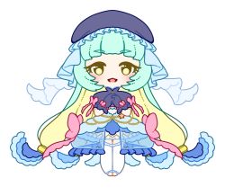 Rule 34 | 1girl, :3, aqua hair, blonde hair, blue gloves, blue hat, blue skirt, bow, chibi, female focus, frilled skirt, frills, full body, garter straps, gloves, hair ornament, hands up, hat, legs together, long hair, looking at viewer, midriff, mob cap, muguet, multicolored hair, original, own hands together, pink bow, puffy short sleeves, puffy sleeves, see-through, short sleeves, simple background, skirt, smile, solo, standing, star (symbol), straight-on, thighhighs, toeless legwear, two-tone hair, very long hair, white background, white thighhighs, yellow eyes