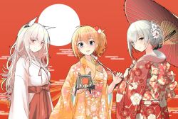 Rule 34 | 3girls, alternate costume, animal ears, bags under eyes, blue eyes, cat ears, chinese new year, chinese zodiac, commentary request, dinergate (girls&#039; frontline), girls&#039; frontline, grey hair, helianthus (girls&#039; frontline), japanese clothes, kalina (girls&#039; frontline), kimono, looking at viewer, miko, monocle, multiple girls, orange hair, persica (girls&#039; frontline), pig ears, pink hair, red eyes, take (trude1945oneetyan), tusks, umbrella, year of the pig, yellow eyes