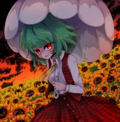 Rule 34 | 1girl, blood, blood on clothes, blood on face, blood on hands, blurry, blurry background, breasts, buttons, collared shirt, evening, field, flower, flower field, glowing, glowing eyes, green hair, highres, holding, holding umbrella, kazami yuuka, looking at viewer, medium breasts, medium hair, motion blur, open mouth, outdoors, red skirt, red sky, red vest, shen li, shirt, skirt, skirt set, sky, solo, sunflower, sunflower field, sunflower petals, touhou, umbrella, vest, white shirt, yellow neckwear