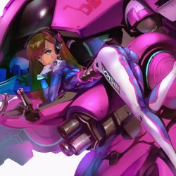 Rule 34 | 1girl, arched back, ass, bodysuit, breasts, brown hair, d.va (overwatch), facial mark, headgear, highres, long hair, mecha, meka (overwatch), overwatch, overwatch 1, pilot suit, robot, shimoguchi tomohiro, skindentation, small breasts, smile, solo, standing, standing on one leg, whisker markings