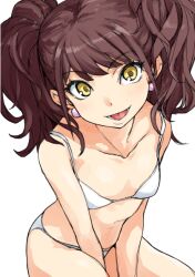 1girl bikini breasts brown_hair collarbone commentary_request earrings from_above jewelry kujikawa_rise open_mouth persona persona_4 sakula small_breasts smile solo swimsuit twintails white_bikini yellow_eyes