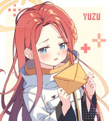 Rule 34 | 1girl, averting eyes, blue archive, blue eyes, blush, braid, character name, collarbone, commentary, embarrassed, envelope, forehead, from side, halo, highres, holding, holding envelope, jacket, long hair, long sleeves, looking at viewer, open mouth, red hair, sidelocks, solo, very long hair, white jacket, wide sleeves, yuzu (blue archive), zoirun
