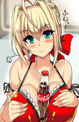 Rule 34 | 10s, 1girl, :&gt;, ahoge, blonde hair, breasts, cleavage, coca-cola, fate/extra, fate (series), female focus, green eyes, hair intakes, hair ribbon, large breasts, nero claudius (fate), nero claudius (fate) (all), nero claudius (fate/extra), official alternate costume, ribbon, solo, yasakani an