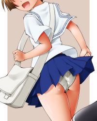 Rule 34 | 10s, 1girl, :d, ass, bag, black socks, blue skirt, breasts, brown background, brown hair, commentary request, dr rex, head out of frame, kneehighs, nakai chitose, open mouth, panties, pleated skirt, sailor collar, school uniform, serafuku, shirt, short hair, short sleeves, shoulder bag, skirt, small breasts, smile, socks, solo, standing, standing on one leg, translation request, two-tone background, underwear, white panties, white sailor collar, white shirt, wings, yuragisou no yuuna-san