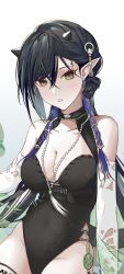 Rule 34 | 1girl, absurdres, arknights, bare shoulders, black hair, black one-piece swimsuit, blacknight (arknights), blacknight (summer flower) (arknights), detached sleeves, grey eyes, groin, highres, horns, lengdongku cc, long hair, looking at viewer, one-piece swimsuit, parted lips, pointy ears, solo, swimsuit, upper body, very long hair
