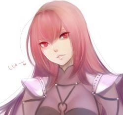 Rule 34 | 1girl, armor, bodysuit, fate/grand order, fate (series), jun (ash), long hair, parted lips, pauldrons, red eyes, red hair, scathach (fate), shoulder armor, simple background, smile, solo, upper body, white background