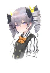 Rule 34 | 1girl, bad id, bad pixiv id, black bow, black vest, blush, bow, bronya zaychik, closed mouth, collared shirt, commentary request, cropped torso, dokomon, drill hair, grey hair, hair between eyes, hair bow, hair ornament, highres, honkai (series), honkai impact 3rd, korean commentary, orange bow, polka dot, polka dot bow, puffy short sleeves, puffy sleeves, purple eyes, rabbit hair ornament, shirt, short sleeves, simple background, solo, striped clothes, striped shirt, twin drills, twintails, upper body, vertical-striped clothes, vertical-striped shirt, vest, white background, white shirt