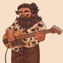 Rule 34 | 1boy, alternate costume, beard, beard over mouth, commentary, contemporary, cowboy shot, dungeon meshi, dwarf, electric guitar, english commentary, facial hair, food, food print, grangermonarque, guitar, hairy, holding, holding guitar, holding instrument, instrument, knuckle hair, long beard, looking down, male focus, music, mustache, playing instrument, senshi (dungeon meshi), solo, sparse arm hair, sushi, thick mustache