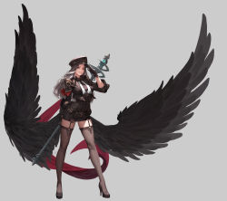 Rule 34 | 1girl, absurdres, belt, belt buckle, black skirt, black wings, breasts, brown gloves, brown jacket, brown thighhighs, buckle, collared shirt, corset, cropped jacket, daeho cha, dress shirt, eyelashes, feathered wings, full body, garter straps, gloves, grey background, hat, high heels, highres, holding, holding staff, huge breasts, jacket, legs apart, lips, long hair, long sleeves, low wings, miniskirt, necktie, nose, original, pink lips, salute, shadow, shirt, signature, silver hair, simple background, skirt, sleeves past elbows, smile, solo, spread wings, staff, standing, teeth, thighhighs, white shirt, wings