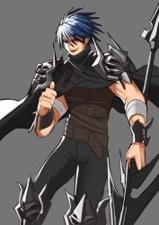 Rule 34 | 1boy, :d, absurdres, black cape, black pants, blue hair, brown eyes, cape, commentary, dungeon and fighter, durandal (dungeon and fighter), english commentary, grey background, hair between eyes, highres, holding, holding weapon, looking at viewer, male focus, open mouth, pants, pointing, pointing at self, rktlek159, short hair, simple background, smile, solo, standing, weapon, wristband