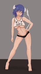 Rule 34 | 1girl, barefoot, bike shorts, black shorts, blue hair, blush, breasts, cleavage, collarbone, cow girl, cow horns, cow tail, fang, full body, hand on own hip, highres, horns, jashin-chan dropkick, large breasts, looking at viewer, minos (jashin-chan dropkick), navel, open mouth, red eyes, shiny skin, short hair, shorts, smile, solo, sweat, tail, underboob