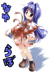 Rule 34 | 1girl, blue hair, bow, bowtie, capelet, chibi, dress, full body, hair intakes, kanon, loafers, long hair, looking at viewer, minase nayuki, purple eyes, red bow, red bowtie, red dress, school uniform, serafuku, shoes, simple background, solo, standing, very long hair, white background