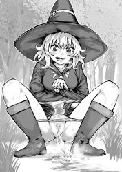 Rule 34 | 1girl, absurdres, blush, boots, breasts, breath, character request, clothes lift, dodomesu, dress, dress lift, female focus, female pubic hair, forest, full body, grass, hand on own leg, hat, highres, holding, holding clothes, holding dress, jewelry, knees, looking down, medium breasts, monochrome, nature, necklace, open mouth, outdoors, panties, panty pull, pee stain, peeing, pubic hair, puddle, pussy, solo, spread legs, squatting, stained panties, steam, sweat, teeth, tongue, tree, uncensored, underwear, witch, witch hat