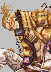 Rule 34 | 1boy, animification, apex legends, arm between legs, belt, blonde hair, brown belt, cornrows, crypto (apex legends), from side, highres, hype beast crypto, jacket, looking at viewer, male focus, official alternate costume, ojiicha, pants, parted lips, sitting, solo, sunglasses, white pants, yellow jacket