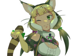 Rule 34 | 1girl, animal ears, bare shoulders, camouflage, cat ears, cat girl, cat tail, elbow gloves, extra ears, fingerless gloves, gloves, green eyes, grey hair, highres, jungle cat (kemono friends), kemono friends, kemono friends v project, long hair, looking at viewer, microphone, one eye closed, ribbon, shirt, simple background, solo, tail, twintails, virtual youtuber, y0whqzz8bkslezl