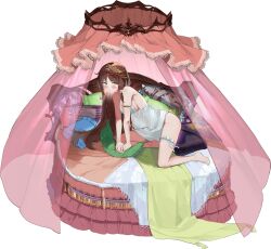 Rule 34 | 1girl, ark order, arm strap, armlet, armpits, artist request, bare shoulders, barefoot, bed, bed sheet, black bow, bow, breasts, brown hair, camisole, curtains, frilled cuffs, full body, green eyes, large breasts, long hair, looking at viewer, official art, on bed, pillow, pout, princess and the pea, princess and the pea (ark order), round bed, sideboob, sidelocks, solo, thigh bow, thigh strap, tiara, transparent background, very long hair, white bow, white camisole