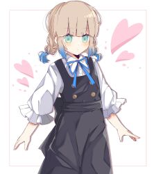 Rule 34 | 1girl, alternate costume, alternate hairstyle, black pants, black vest, blonde hair, blue bow, blue bowtie, blue eyes, bow, bowtie, braid, commentary, engineer nemo (fate), enmaided, fate/grand order, fate (series), freedumco, frilled sleeves, frills, heart, highres, maid, nemo (fate), pants, shirt, short twintails, simple background, solo, twin braids, twintails, vest, white background, white shirt