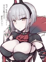 Rule 34 | 1girl, alternate hair length, alternate hairstyle, ascot, black hairband, blunt bangs, blush, breasts, carmilla (fate), cleavage, detached sleeves, elbow gloves, fate/grand order, fate (series), fingernails, fue (rhomphair), gloves, green nails, grey hair, hairband, highres, horns, large breasts, long fingernails, looking at viewer, nail polish, parted lips, short hair, sketch, sweatdrop, translation request, yellow eyes