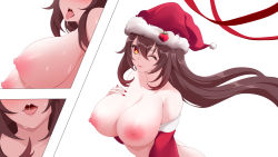 Rule 34 | alternate breast size, bare shoulders, breasts, brown hair, christmas, genshin impact, hand on own chest, hat, highres, hu tao (genshin impact), large breasts, long hair, long sleeves, looking at viewer, nail polish, nipples, off shoulder, open mouth, red eyes, santa hat, simple background, smile, sweat, toki to shishin, tongue, tongue out, twintails, upper body, white background