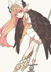 Rule 34 | 1girl, bad id, bad twitter id, black wings, blunt bangs, brown footwear, circe (fate), commentary request, dress, fate/grand order, fate (series), feathered wings, gomi (kaiwaresan44), green eyes, head wings, holding, holding staff, jewelry, leaning forward, long hair, looking at viewer, pink hair, platform footwear, pleated skirt, pointy ears, sandals, short dress, simple background, skirt, solo, staff, thighlet, very long hair, white background, white dress, wings