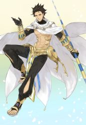 Rule 34 | 1boy, abs, ahoge, bare pectorals, black gloves, brown hair, cape, dark skin, dark-skinned male, egyptian, egyptian clothes, fate/grand order, fate/prototype, fate/prototype: fragments of blue and silver, fate (series), full body, gauntlets, gloves, holding, holding staff, jewelry, male focus, manly, muscular, necklace, ozymandias (fate), pectorals, topless male, shrug (clothing), simple background, solo, staff, white cape, yellow eyes, yepnean