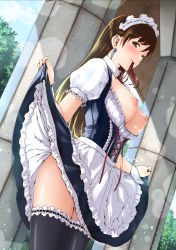 Rule 34 | 10s, 1girl, apron, black thighhighs, blush, braid, breasts, breasts out, brown eyes, brown hair, clothes lift, cloud, column, corset, cowboy shot, crown braid, dutch angle, earrings, french braid, frilled thighhighs, frills, gustav (telomere na), highres, idolmaster, idolmaster cinderella girls, jewelry, large breasts, legs together, lens flare, lifted by self, long hair, looking at viewer, maid, maid apron, maid headdress, matching hair/eyes, mouth hold, nipples, nitta minami, petticoat, pillar, puffy nipples, puffy short sleeves, puffy sleeves, ribbon, self exposure, short sleeves, skirt, skirt lift, sky, smile, solo, standing, thighhighs, underbust, waist apron, wrist cuffs