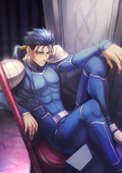 Rule 34 | 1boy, abs, arm on knee, armor, blue armor, blue hair, cu chulainn (fate), earrings, fate/grand order, fate (series), from above, gravesecrets, highres, indoors, jewelry, knee up, large pectorals, leather armor, light particles, long hair, male focus, pectorals, polearm, ponytail, shoulder armor, sitting, smile, solo, weapon
