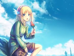 Rule 34 | 1girl, blonde hair, blue eyes, blue sky, breasts, cayna, elf, food, hair ornament, highres, leadale no daichi nite, medium breasts, open mouth, pointy ears, popsicle, short hair, shorts, sky, source request, tagme, tenmaso, watermelon bar