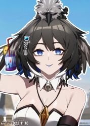Rule 34 | 1girl, arknights, bare shoulders, bird, black hair, blue eyes, blue lips, blue sky, breasts, cleavage, cloud, commentary request, dated, day, detached collar, dress, hair ornament, jewelry, kjera (arknights), kjera (ingenious servant) (arknights), large breasts, mochusama1, official alternate costume, pendant, sky, solo, strapless, strapless dress, tenzin (arknights), upper body, white dress