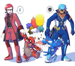 Rule 34 | 2boys, anchor necklace, anger vein, archie (pokemon), bandana, beard, belt, black-framed eyewear, black eyes, black shirt, blue bandana, blue bodysuit, bodysuit, boots, chain belt, coat, commentary request, creatures (company), dark-skinned male, dark skin, diving suit, facial hair, game freak, gen 3 pokemon, glasses, groudon, highres, holding hands, jewelry, kyogre, legendary pokemon, logo, looking down, lower teeth only, male focus, maxie (pokemon), multicolored bodysuit, multicolored clothes, multiple boys, necklace, nintendo, open clothes, open coat, open mouth, pokemon, pokemon (creature), pokemon oras, red bodysuit, red coat, red footwear, red hair, red shorts, ribbed bodysuit, shirt, short hair, shorts, spoken squiggle, squiggle, standing, sweatdrop, takibpkms, team aqua, team magma, teeth, torn bodysuit, torn clothes, waist cape, wetsuit, white bodysuit, yellow belt