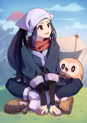 Rule 34 | 1girl, absurdres, akari (pokemon), black hair, black shirt, brown eyes, brown footwear, chinese commentary, cloud, commentary request, creatures (company), day, eyelashes, game freak, gen 7 pokemon, grass, grey jacket, head scarf, highres, jacket, long hair, looking to the side, loose socks, mountain, nintendo, outdoors, pantyhose, pokemon, pokemon (creature), pokemon legends: arceus, ponytail, rowlet, shirt, shoes, sidelocks, sitting, sky, smile, socks, tent, white headwear, white pantyhose, ziranyuan