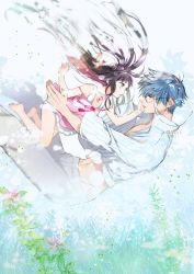 Rule 34 | 1boy, 1girl, age difference, barefoot, black hair, blue eyes, blue hair, commentary request, eye contact, eyewear strap, facial mark, fate/grand order, fate (series), floating hair, forehead mark, glasses, hand on another&#039;s cheek, hand on another&#039;s face, hans christian andersen (adult) (fate), hans christian andersen (fate), highres, inu neko inu, looking at another, navel, pants, sessyoin kiara, sessyoin kiara (lily), shirt, soles, striped clothes, striped shirt, toes, yellow eyes