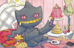 Rule 34 | banette, bed, cosmetics, creature, creatures (company), game freak, gen 3 pokemon, grin, holding, holding lipstick tube, indoors, lampshade, lipstick, lipstick tube, looking at viewer, makeup, mirror, nintendo, no humans, official art, pillow, pink eyes, pokemon, pokemon (creature), pokemon tcg, sitting, smile, solo, third-party source, yamaki eri