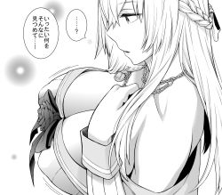 Rule 34 | ...?, 1girl, braid, breasts, dress, flower, french braid, from side, greyscale, hair between eyes, highres, jewelry, kantai collection, large breasts, long hair, long sleeves, monochrome, motion lines, necklace, off-shoulder dress, off shoulder, ribbon, rose, solo, speech bubble, translation request, uron-rei, warspite (kancolle)