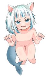 Rule 34 | 1girl, animal ears, artist name, blue eyes, blue nails, blunt bangs, blush, cat ears, collarbone, commentary, completely nude, cropped legs, dot nose, english commentary, fangs, fins, fish tail, gawr gura, hair ornament, hololive, hololive english, looking at viewer, mixed-language commentary, multicolored hair, nail polish, nakajima lupus, navel, nipples, nude, paw pose, shark tail, short hair, side ponytail, simple background, smile, solo, tail, two-tone hair, virtual youtuber, white background, white hair