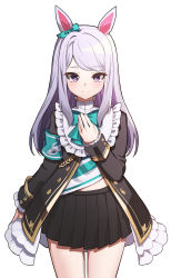Rule 34 | 1girl, absurdres, animal ears, armband, black jacket, black skirt, blue bow, blue ribbon, bow, closed mouth, commentary request, ear ribbon, frilled jacket, frilled sleeves, frills, hand up, highres, iznal, jacket, long hair, long sleeves, mejiro mcqueen (umamusume), pleated skirt, purple eyes, purple hair, ribbon, simple background, skirt, sleeves past wrists, smile, solo, standing, swept bangs, umamusume, white background