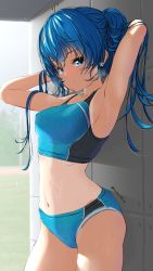 Rule 34 | abs, against wall, aigami kaon, armpits, arms behind head, arms up, bare shoulders, blue eyes, blue hair, blush, breasts, buruma, cameltoe, closed mouth, collarbone, covered erect nipples, cowboy shot, from side, garter-velvet, hair between eyes, highres, long hair, looking at viewer, medium breasts, navel, original, outdoors, sideboob, smile, sports bikini, tan, tanline, track and field, track uniform, twintails, twitter username