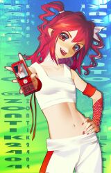 2000s_(style) armband breasts cellphone drill_hair flip_phone highres kasane_teto looking_at_viewer midriff navel pants phone red_arm_warmers red_armband red_eyes red_hair red_nails shirt small_breasts smile sony_ericsson twin_drills utau white_pants white_shirt zontik2404