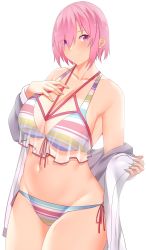 Rule 34 | 1girl, arind yudha, bare shoulders, bikini, breasts, cleavage, collarbone, fate/grand order, fate (series), grey jacket, hair over one eye, highres, jacket, large breasts, light purple hair, long sleeves, looking at viewer, mash kyrielight, mash kyrielight (swimsuit of perpetual summer ver.02), multicolored bikini, multicolored clothes, navel, off shoulder, open clothes, open jacket, purple eyes, rainbow bikini, see-through, short hair, smile, solo, striped bikini, striped clothes, swimsuit, thighs
