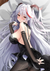 Rule 34 | 1girl, aegir (azur lane), alternate costume, azur lane, backless dress, backless outfit, bare shoulders, bareback, black dress, black gloves, breasts, bridal gauntlets, dress, fine fabric emphasis, gloves, hair on horn, highres, large breasts, long hair, looking at viewer, lying, madotsukumo, multicolored hair, on side, red hair, solo, two-tone hair, very long hair, white hair, yellow eyes