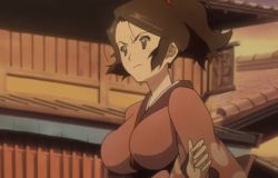 Rule 34 | 00s, 1girl, animated, animated gif, bouncing breasts, breasts, brown eyes, brown hair, closed mouth, female focus, floating hair, fuu (samurai champloo), high ponytail, japanese clothes, kimono, large breasts, looking away, matching hair/eyes, outdoors, outstretched arms, ponytail, running, samurai champloo, serious, short ponytail, wide sleeves
