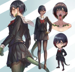 Rule 34 | 1girl, absurdres, bags under eyes, black hair, black pantyhose, black serafuku, black skirt, character sheet, claws, fangs, forked tongue, highres, lizard tail, loafers, looking at viewer, monster girl, multiple views, open mouth, original, pantyhose, pleated skirt, pointy ears, saliva, scales, school uniform, serafuku, sharp teeth, shoes, short hair, sideways glance, simple background, skirt, slit pupils, smile, tail, teeth, tight (ohmygod), tongue, tongue out, uniform, yellow eyes